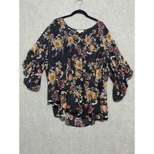 Style & Co Blouse Womens 2XL Black‎ Floral Print Sheer Lightweight Flowing Top